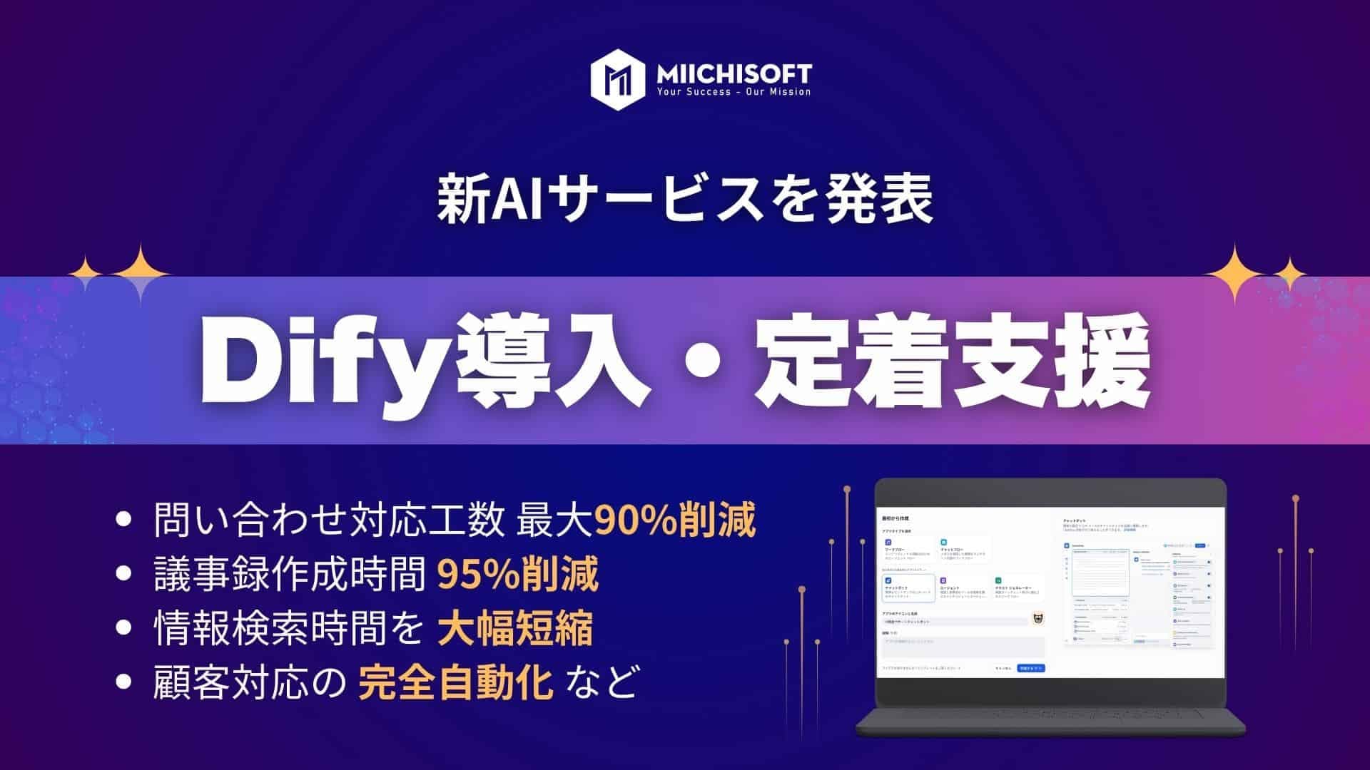 Miichisoft、Dify導入・定着支援サービスを正式リリース。最短2週間でAIチャットボットを構築、問い合わせ対応工数を最大90%削減。