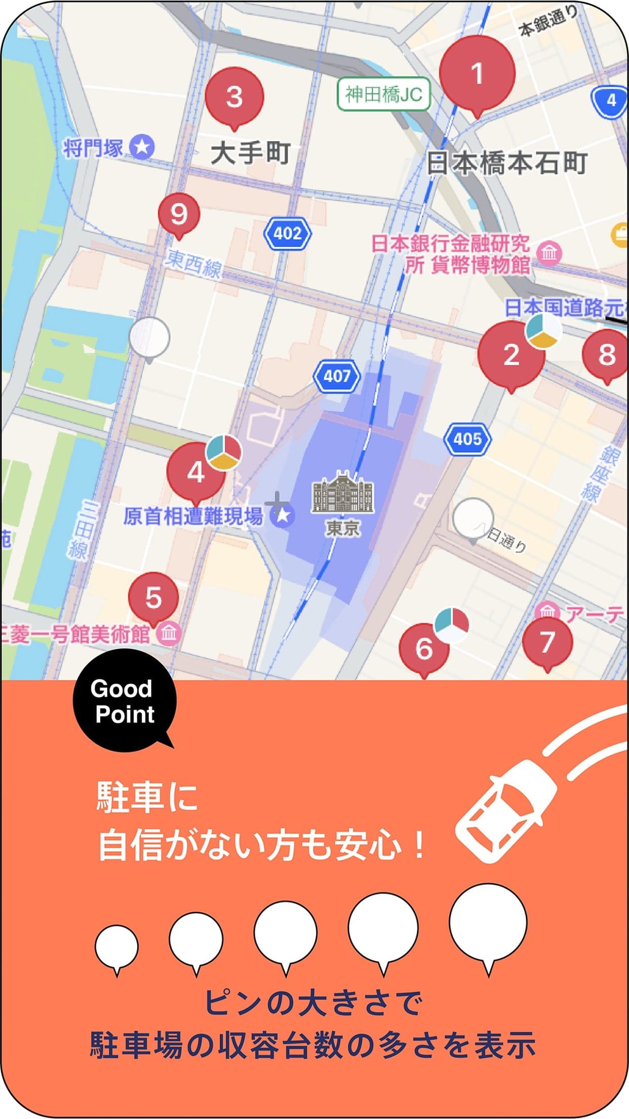 ピンの大きさで駐車場の収容台数を直感的に表示。駐車に自信がない方も安心して選べます。