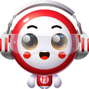 Cute AI robot character with headphones and glasses, smiling, on a red gradient background