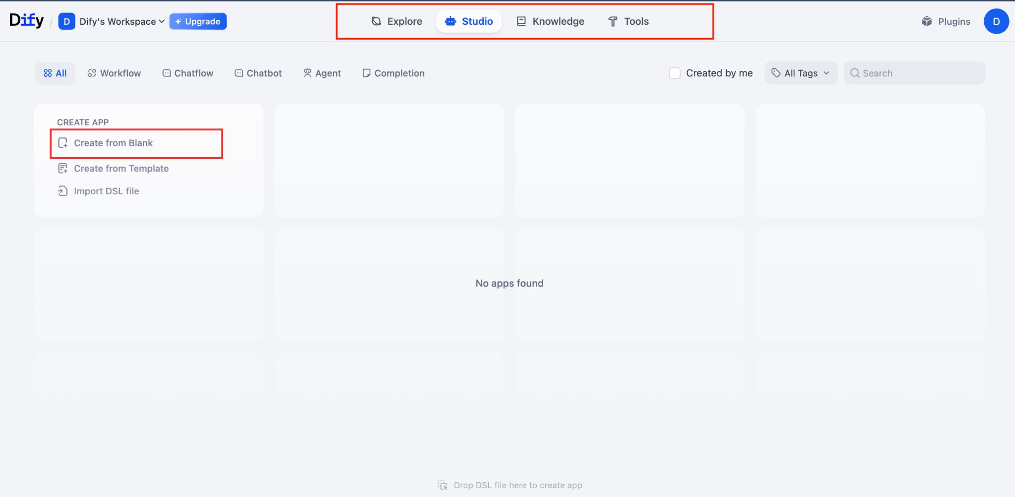 Hướng dẫn xây dựng chatbot nội bộ: Màn hình Menu của Dify