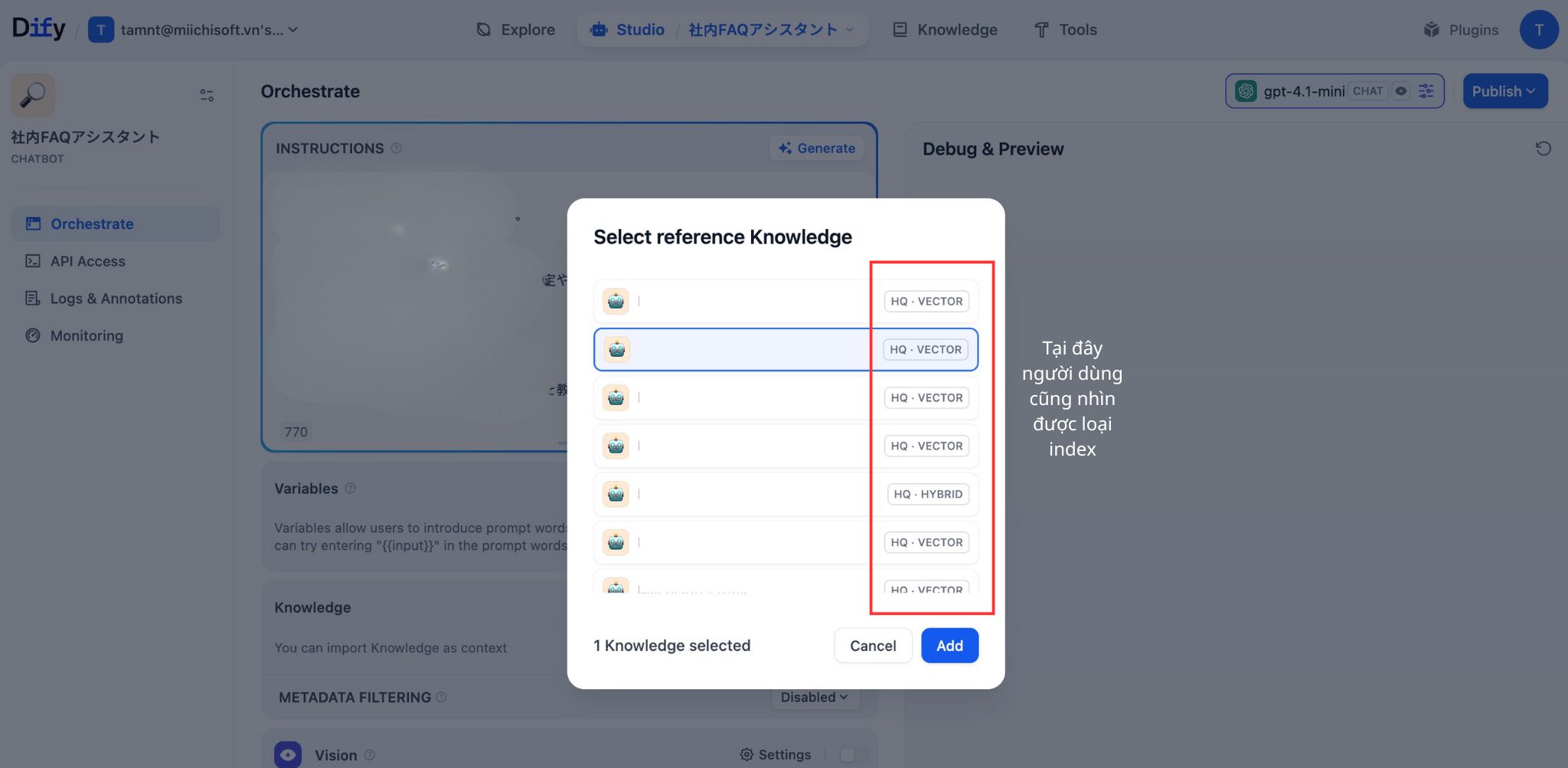 Hướng dẫn xây dựng chatbot nội bộ: màn hình knowledge base được index