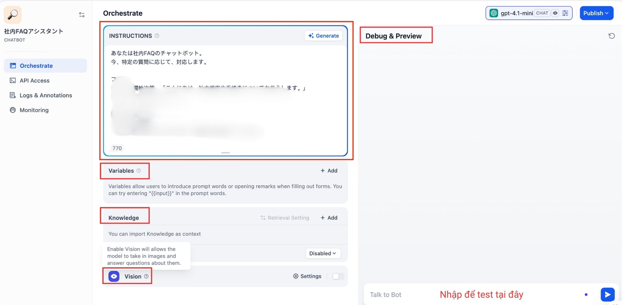 Configure Prompts and Instructions for the Internal Chatbot 