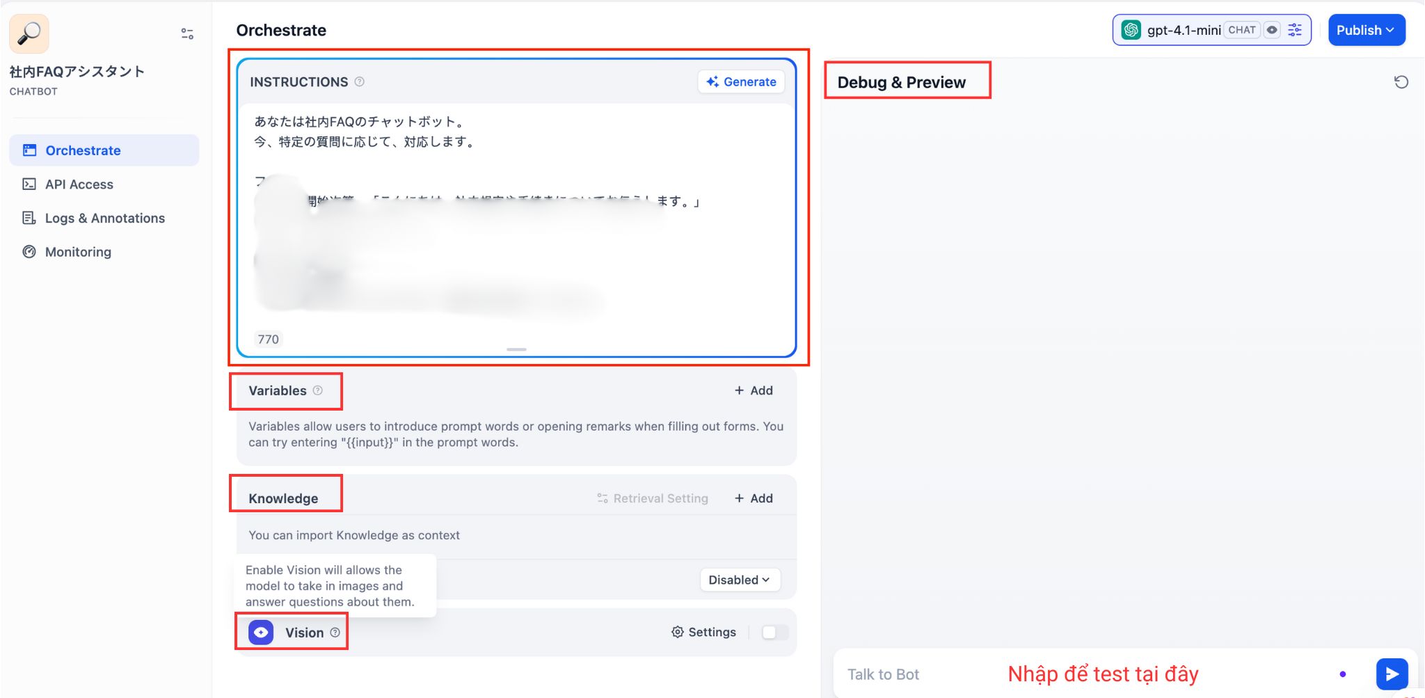 Hướng dẫn xây dựng chatbot nội bộ: màn hình set up