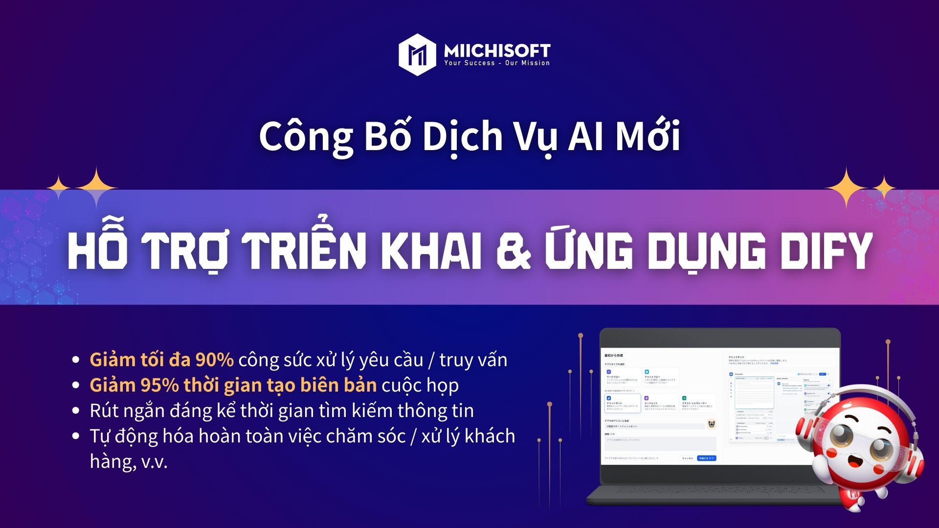 Miichisoft ra mắt dịch vụ triển khai Dify: 2 tuần có chatbot AI, giảm 90% khối lượng xử lý yêu cầu, bảo mật tuyệt đối 1 Miichisoft ra mắt dịch vụ Hỗ trợ triển khai và ứng dụng Dify vào doanh nghiệp